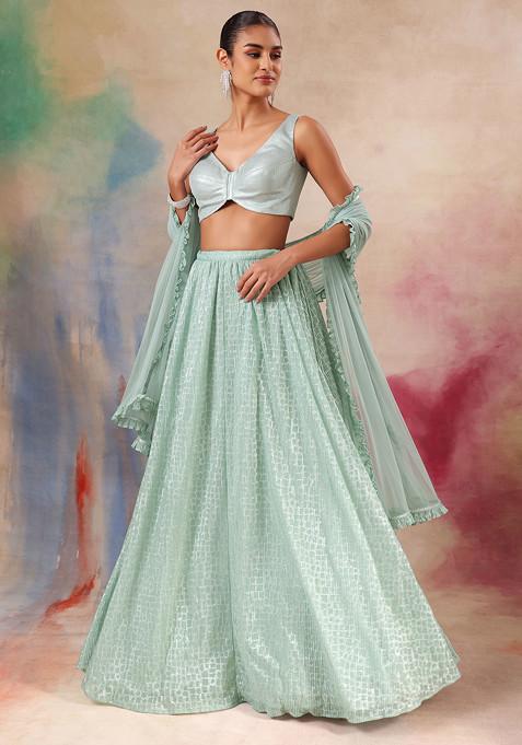 Seafoam Pleated Lehenga Set With Sequin Embroidered Blouse And Dupatta