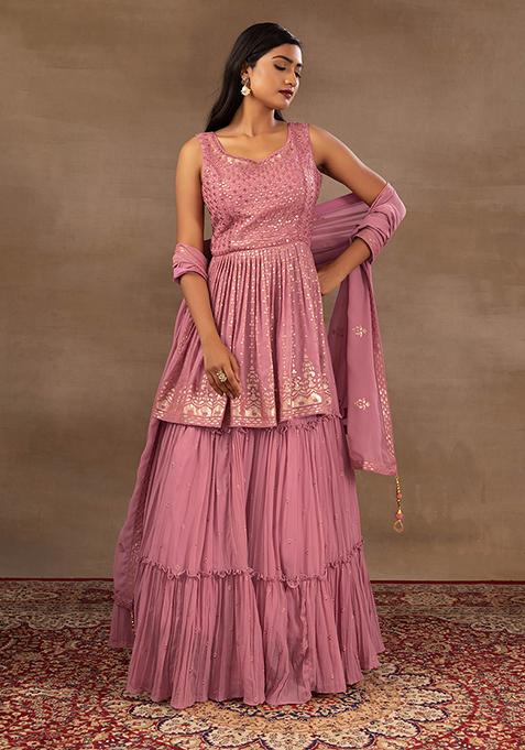 Pink Tiered Lehenga Set With Sequin Embroidered Short Kurta And Dupatta