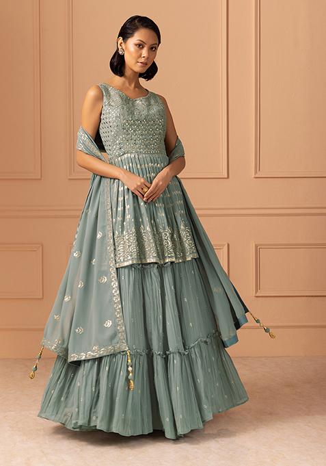 Sage Green Tiered Lehenga Set With Sequin Embroidered Short Kurta And Dupatta