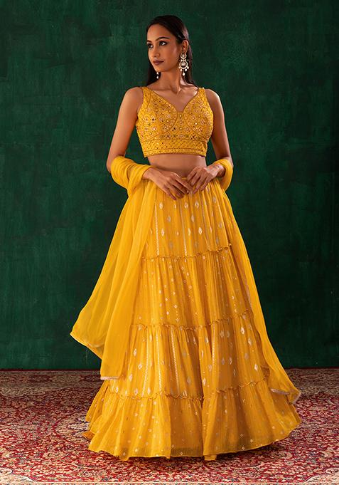Yellow Jacquard Embroidered Lehenga Set With Embroidered Blouse And Dupatta