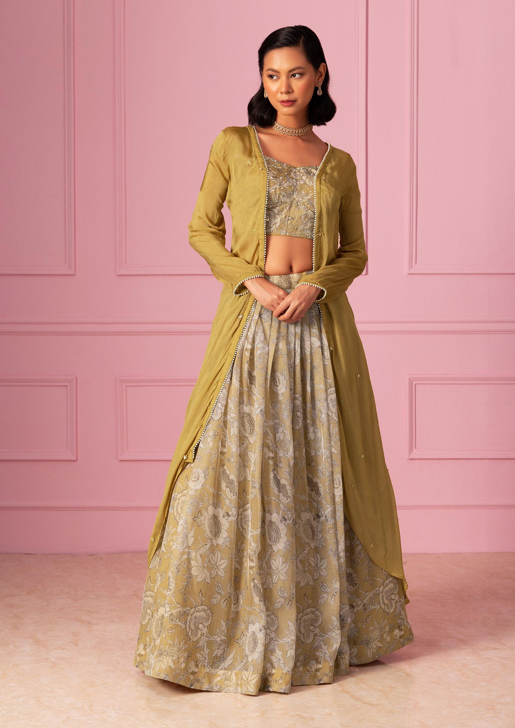 Buy Women Pale Yellow Floral Print Lehenga Set With Blouse And