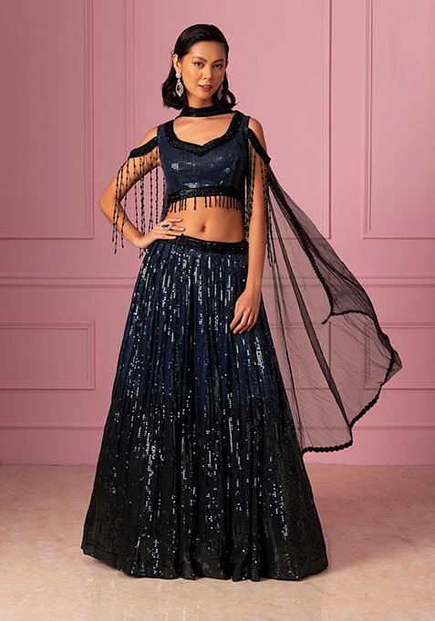 Navy Tonal Sequin Embroidered Lehenga Set With Blouse And Dupatta