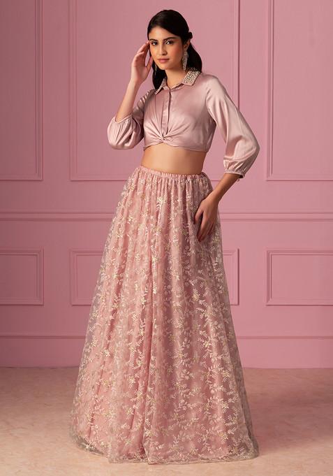 Light Pink Floral Thread Embroidered Lehenga Set With Blouse