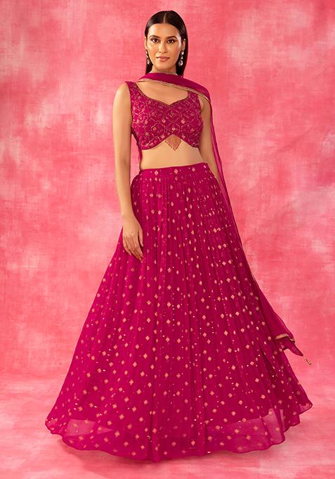 Hot Pink Jacquard Lehenga Set With Embroidered Blouse And Dupatta