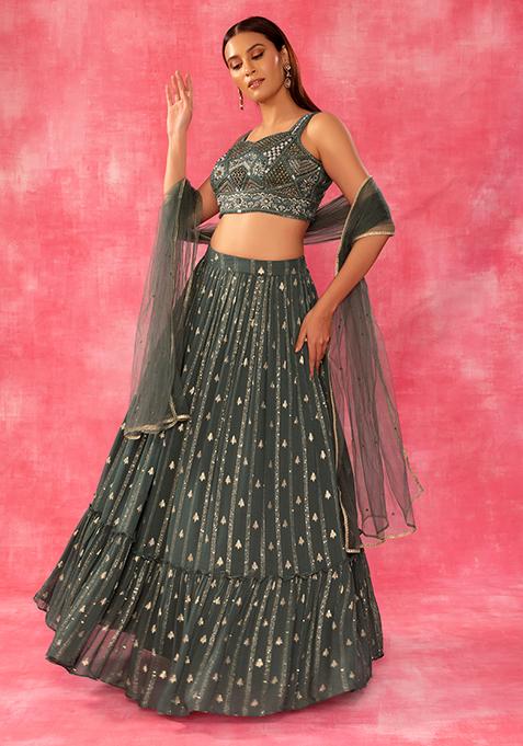 Moss Green Lurex Striped Lehenga Set With Embroidered Blouse And Dupatta