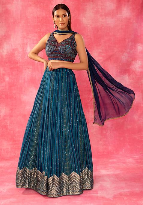 Teal Lurex Striped Lehenga Set With Embroidered Blouse And Dupatta
