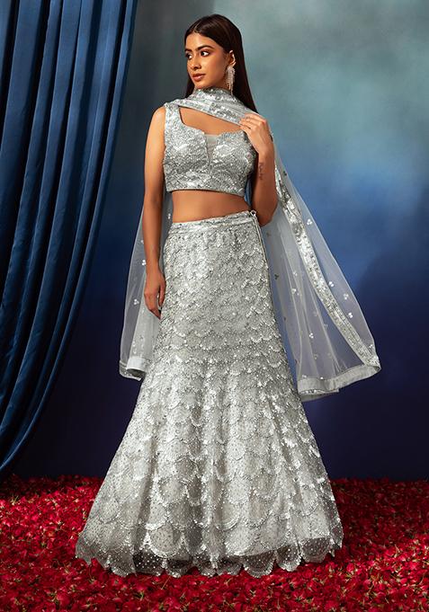 Grey Scallop Sequin Embroidered Lehenga Set With Embroidered Blouse And Dupatta