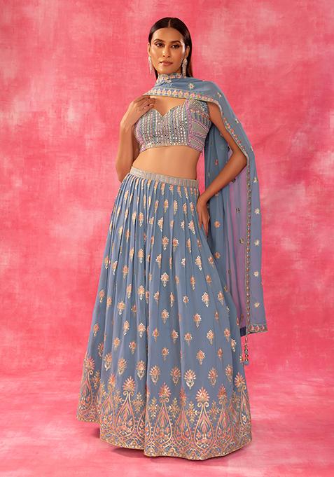 Blue Sequin Boota Embroidered Lehenga Set With Embroidered Blouse And Dupatta