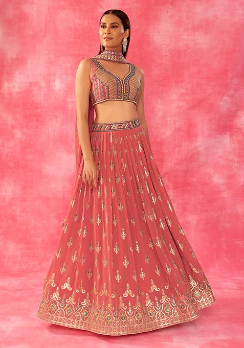 Dusty Pink Sequin Boota Embroidered Lehenga Set With Blouse And Dupatta