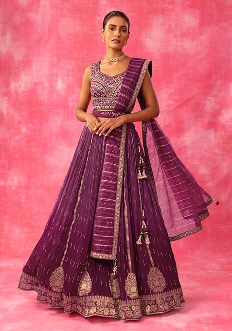 Dark Purple Embroidered Lehenga And Blouse Set With Dupatta And Belt