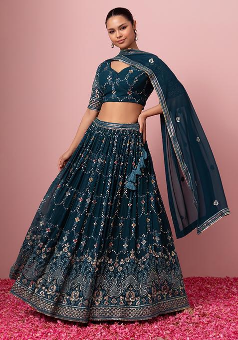Teal Tonal Sequin Embroidered Lehenga Set With Blouse And Dupatta