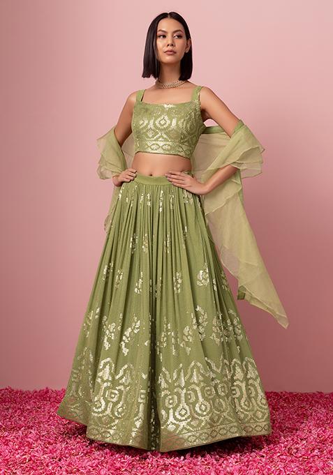 Green Geometric Sequin Embroidered Lehenga Set With Blouse And Dupatta