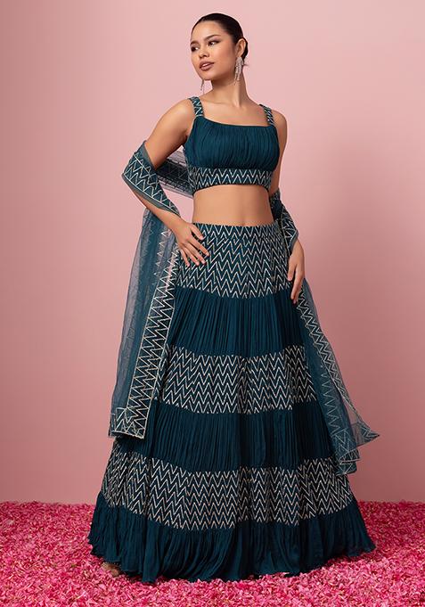Teal Chevron Sequin Embroidered Lehenga Set With Embroidered Blouse And Dupatta