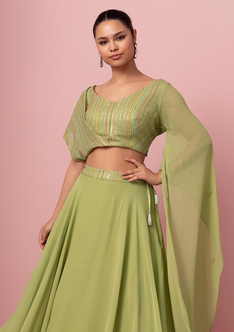Buy Women Lime Green Lehenga Set With Striped Sequin Embroidered Blouse