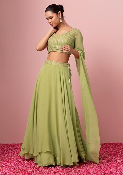 Lime Green Lehenga Set With Striped Sequin Embroidered Blouse