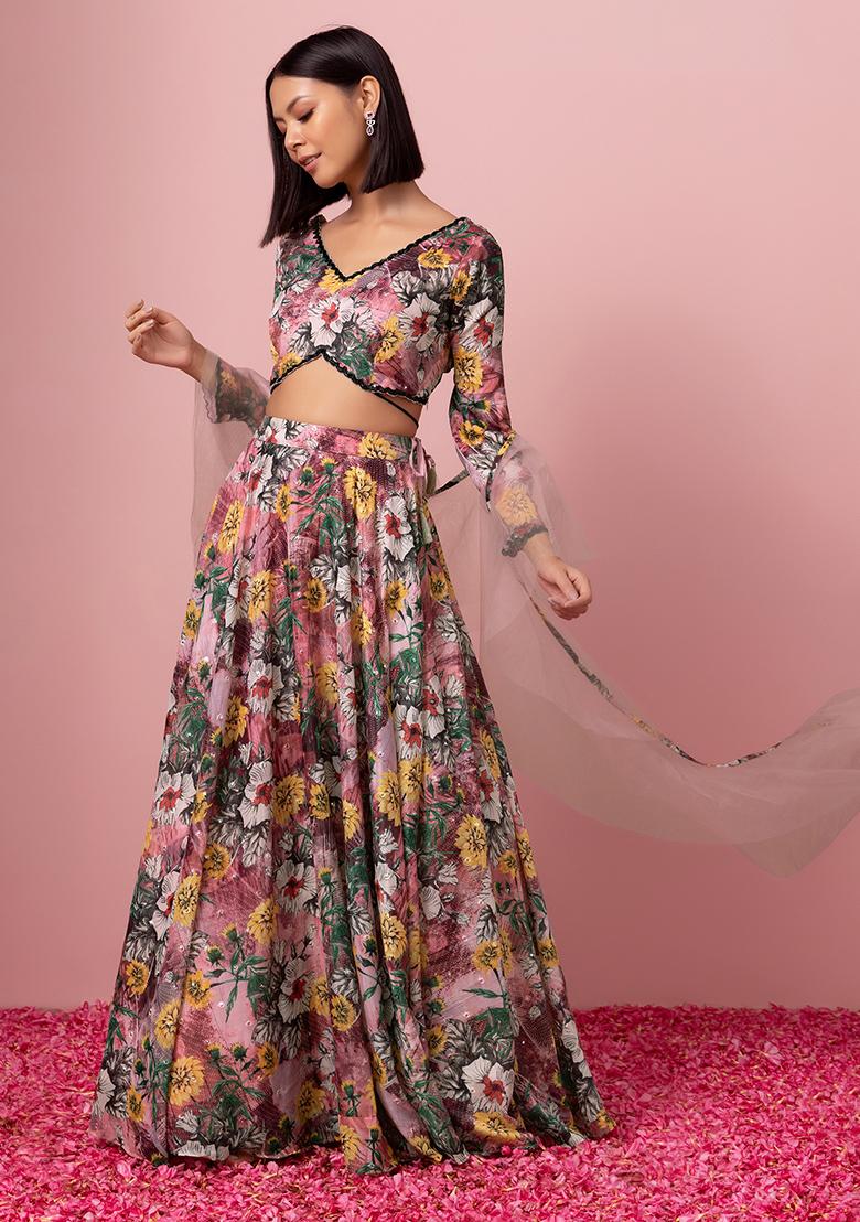 Buy Women Multicolour Floral Print Lehenga Set With Blouse And 