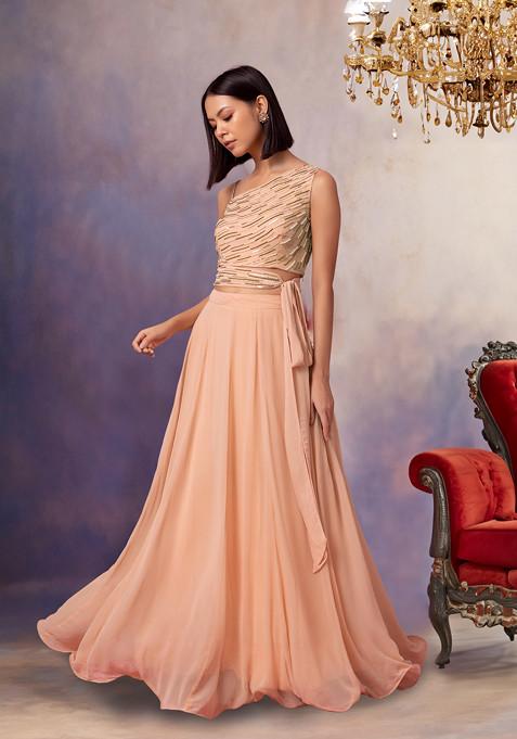 Peach Lehenga Set With Embroidered Blouse And Belt