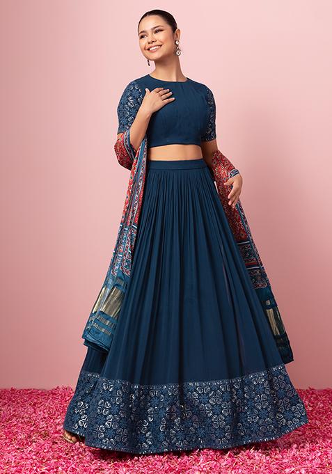 Teal Blue Lehenga Set With Embroidered Blouse And Contrast Dupatta