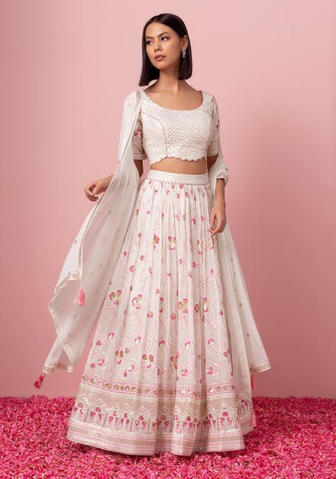 White Floral Sequin Embroidered Lehenga Set With Blouse And Dupatta
