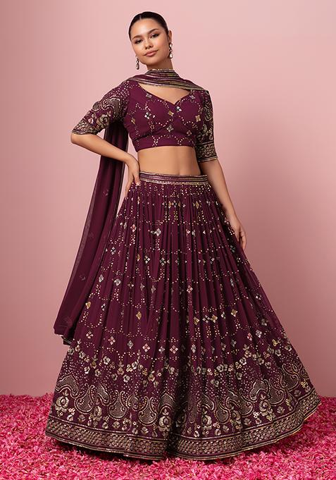 Wine Tonal Sequin Embroidered Lehenga Set With Blouse And Dupatta