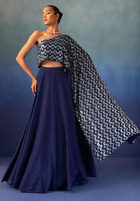 Blue Lehenga Set With Chevron Sequin Embroidered One Shoulder Blouse