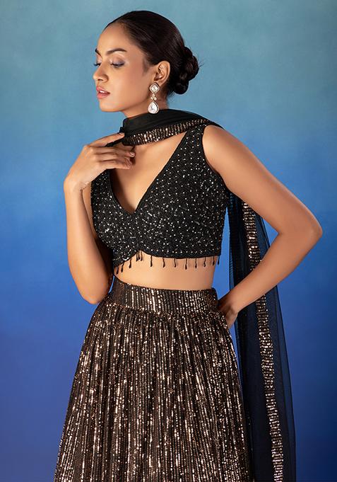 Black Striped Sequin Embroidered Lehenga Set With Blouse And Dupatta