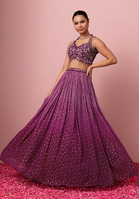 Wine Semistitched Lehenga with Sequinned Embroidered Blouse and Net Dupatta