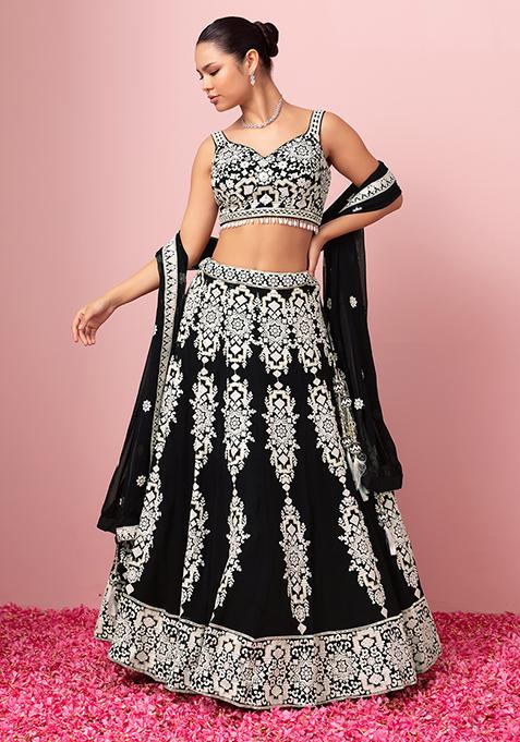 Black And White Thread Embroidered Lehenga Set With Blouse And Dupatta