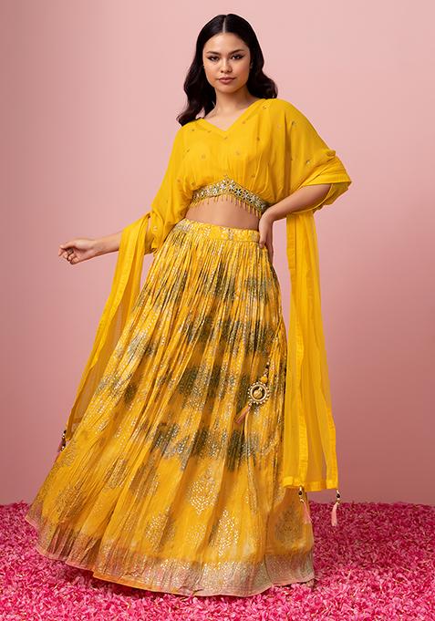 Yellow Abstract Print Lehenga And Embroidered Blouse Set With Dupatta And Bustier