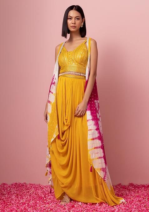 Mustard Yellow Pleated Cowl Lehenga Set With Embroidered Blouse And Jacket