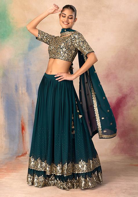 Turquoise Sequin Zari Embroidered Lehenga Set With Embroidered Blouse And Dupatta