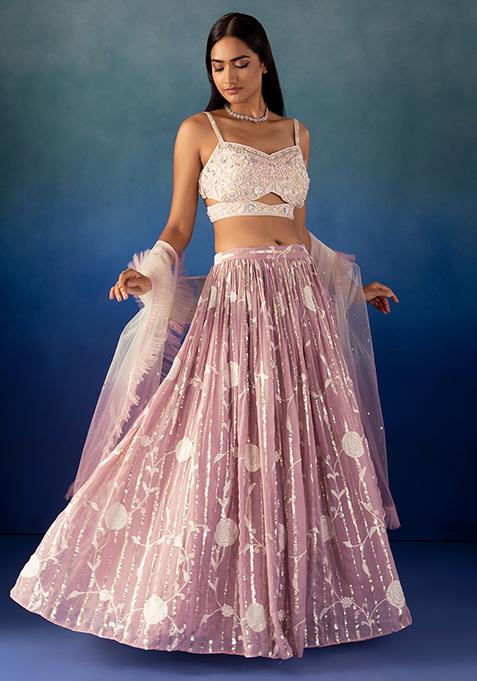 Lavender Floral Embroidered Lehenga Set With Contrast Blouse And Dupatta