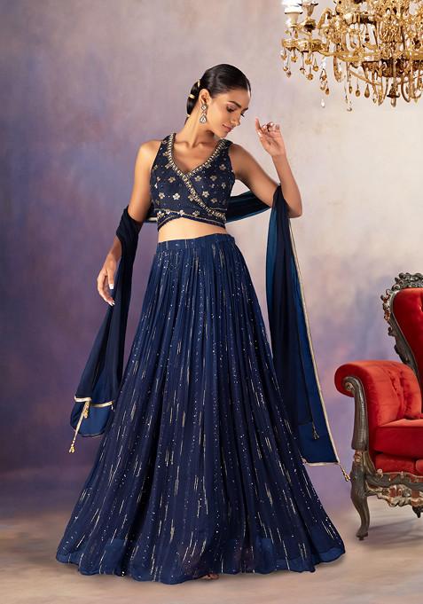 Navy Jacquard Lehenga Set With Floral Embroidered Blouse And Dupatta