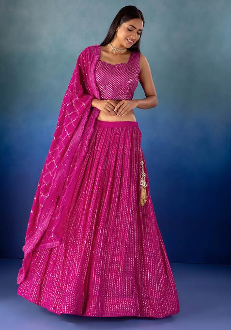 Magenta Striped Embroidered Lehenga Set With Sequin Blouse And Dupatta
