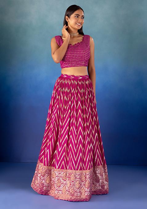 Buy Women Dark Pink Jacquard Lehenga Set With Thread Embroidered Blouse ...