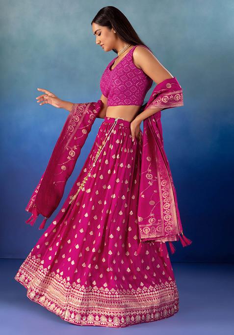 Magenta Brocade Lehenga Set With Embroidered Blouse And Dupatta