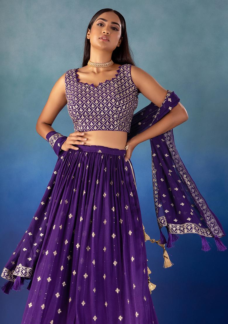 Purple Brocade Lehenga Set With Zari Embroidered Blouse And Dupatta - Indya