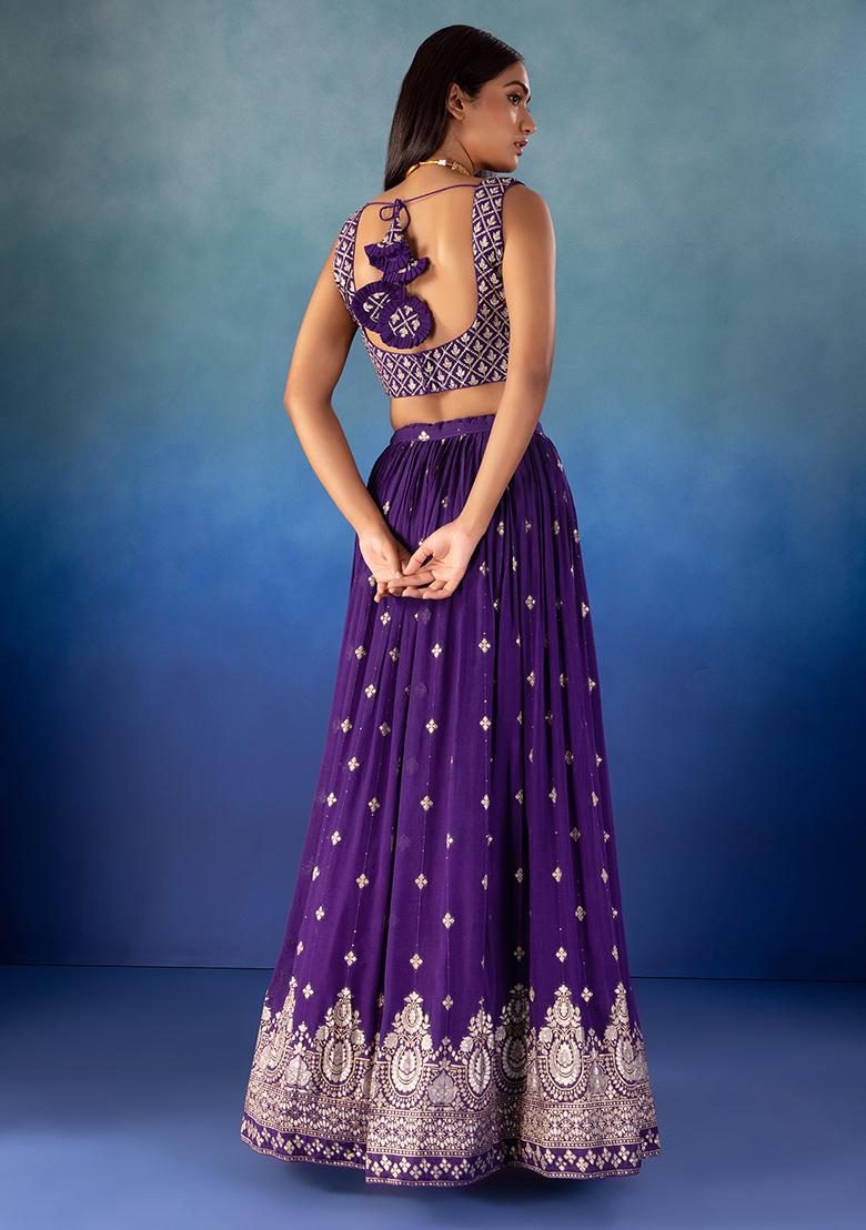 Purple Brocade Lehenga Set With Zari Embroidered Blouse And Dupatta - Indya