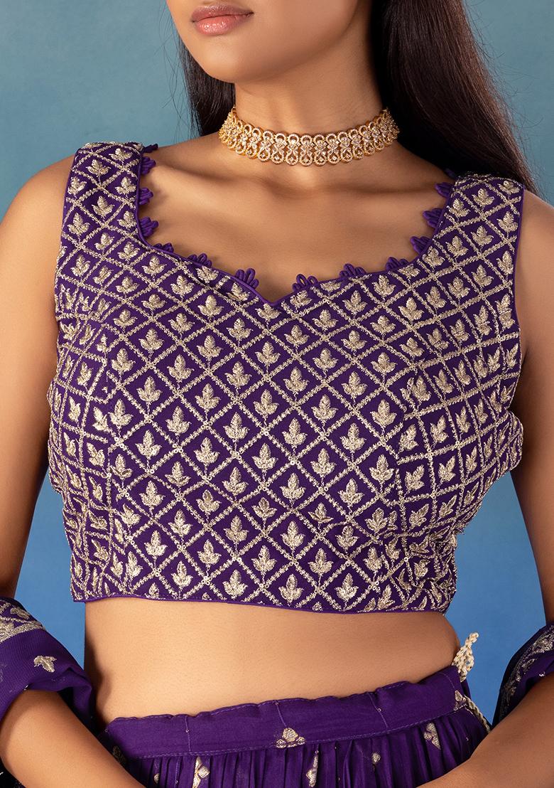 Purple Brocade Lehenga Set With Zari Embroidered Blouse And Dupatta - Indya
