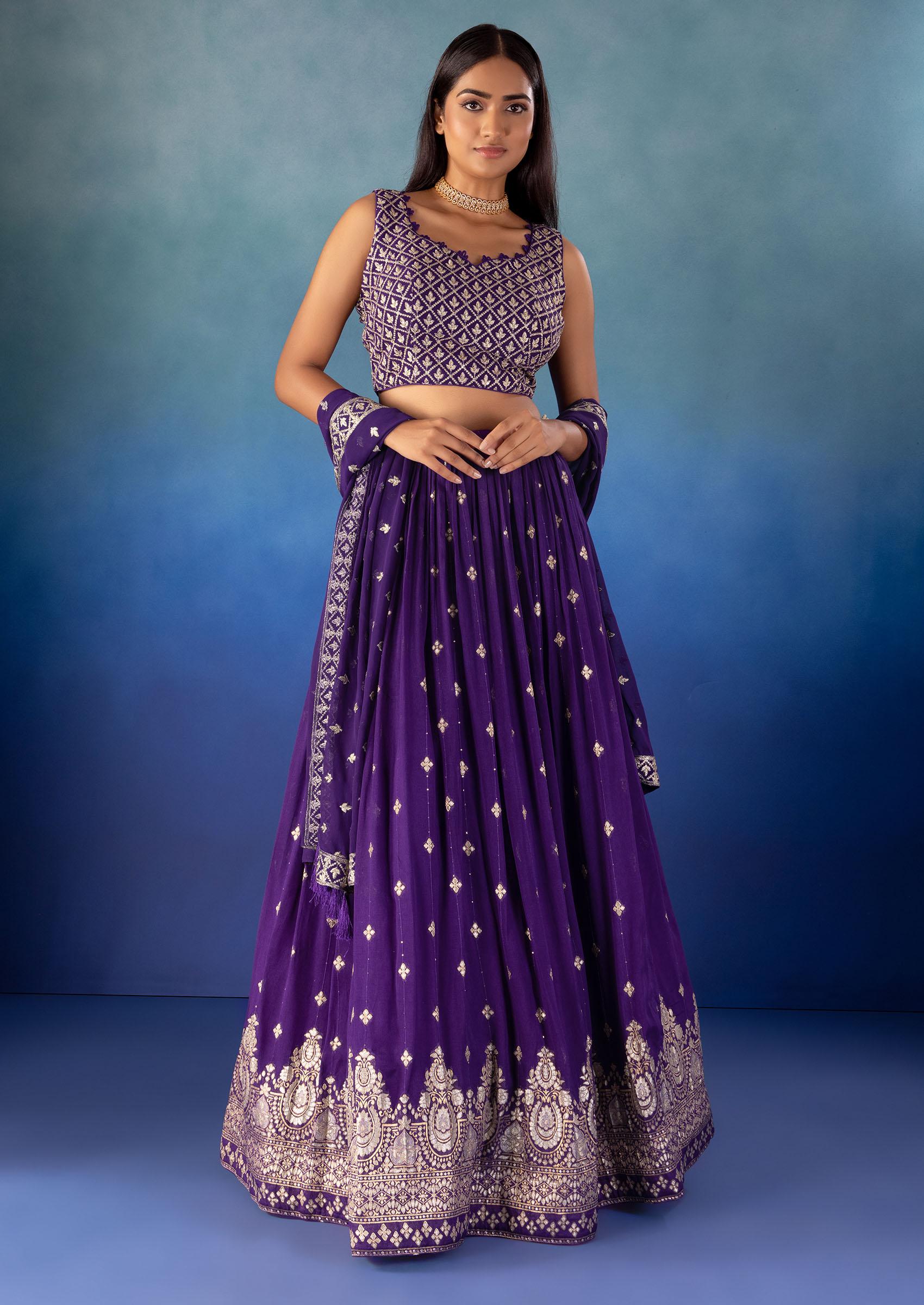 Purple Brocade Lehenga Set With Zari Embroidered Blouse And Dupatta - Indya
