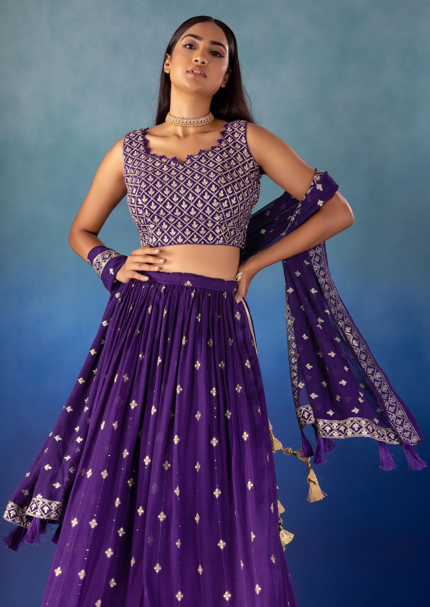 Purple Brocade Lehenga Set With Zari Embroidered Blouse And Dupatta - Indya