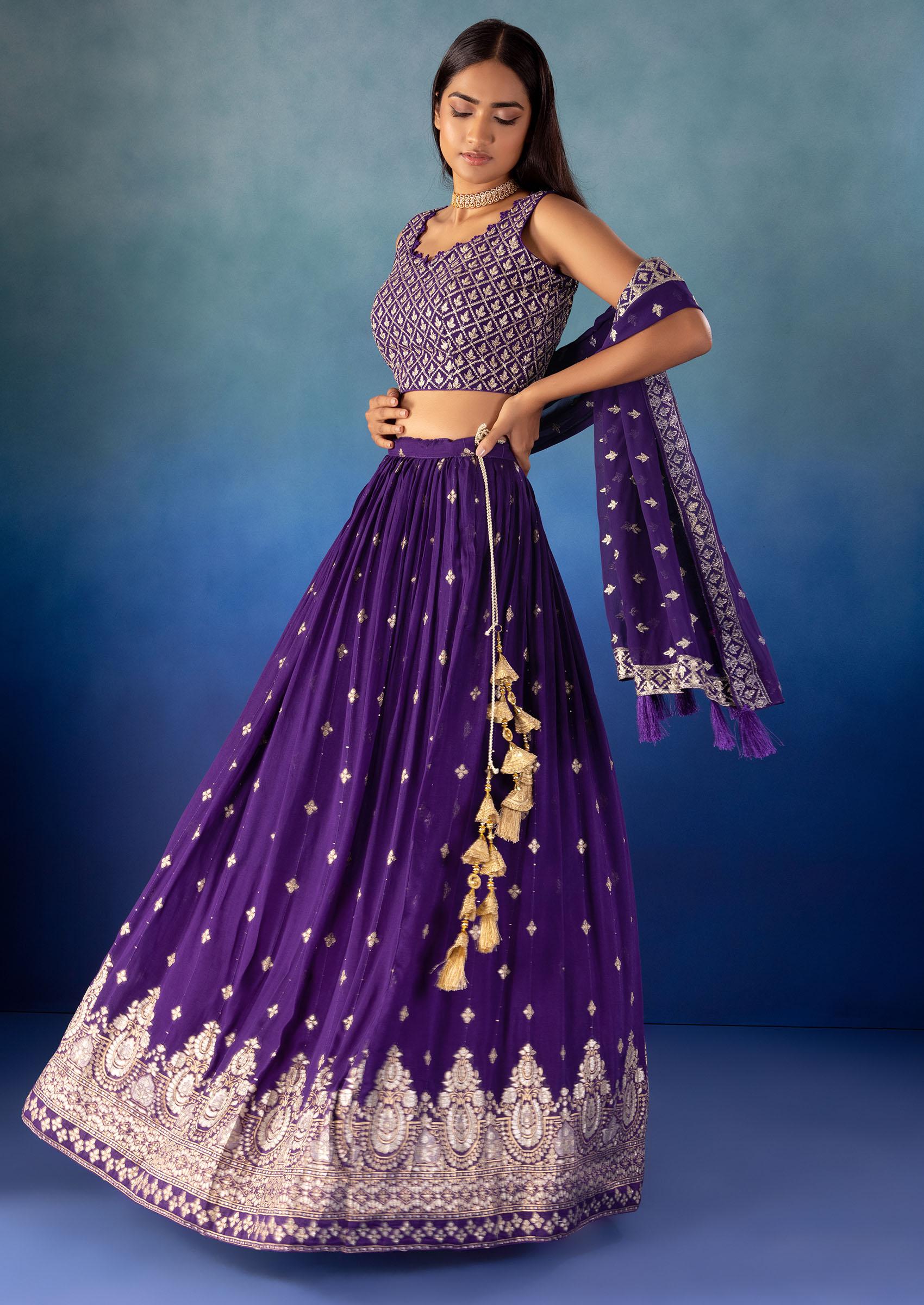 Purple Brocade Lehenga Set With Zari Embroidered Blouse And Dupatta - Indya