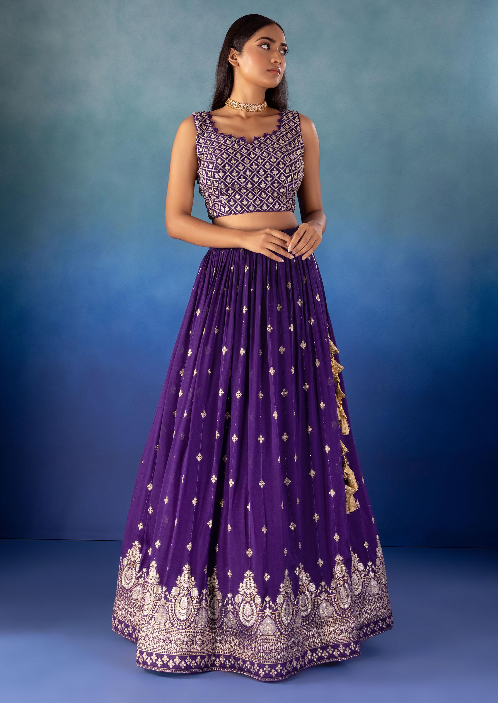 Purple Brocade Lehenga Set With Zari Embroidered Blouse And Dupatta - Indya