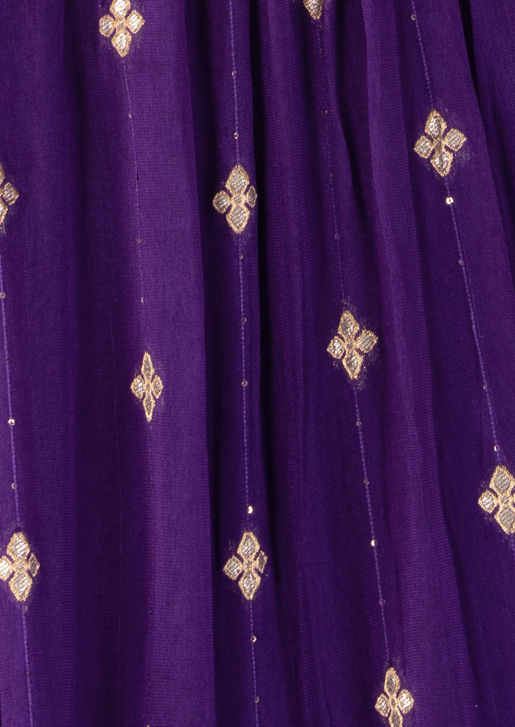 Purple Brocade Lehenga Set With Zari Embroidered Blouse And Dupatta - Indya