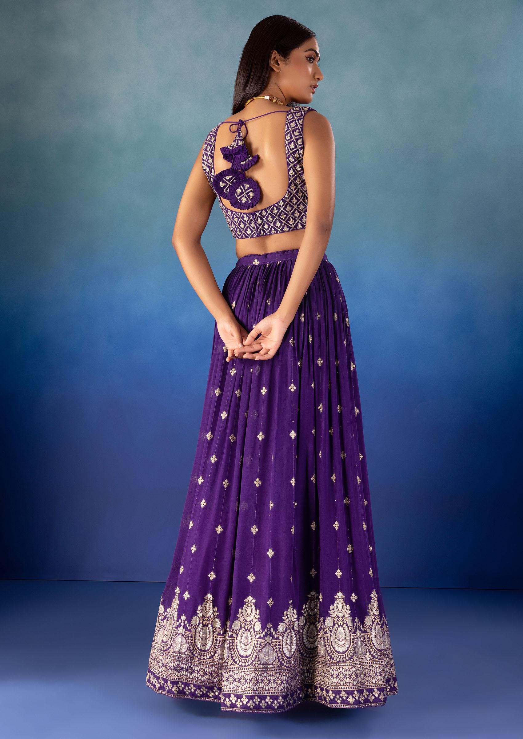Purple & Pink Silk Embroidered, Zari & Sequin Detailing Lehenga Choli Set  with Net Dupatta