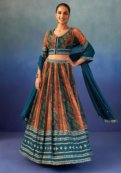 Teal Abstract Print Embroidered Lehenga Set With Blouse And Dupatta