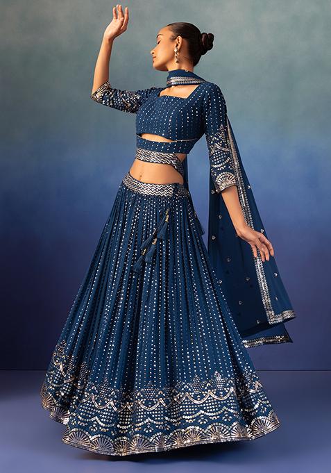 Blue Striped Sequin Embroidered Lehenga Set With Blouse And Dupatta