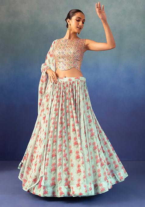 Pastel Blue Floral Print Lehenga Set With Mirror Embroidered Blouse And Dupatta