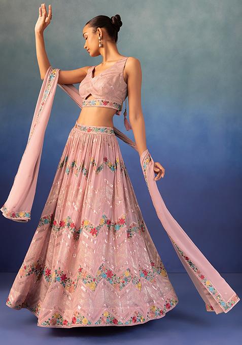 Dull Pink Floral Thread Embroidered Lehenga Set With Blouse And Dupatta