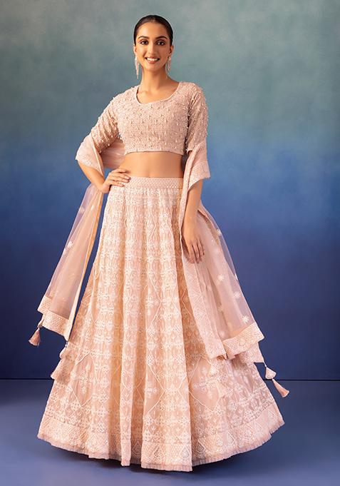 Pastel Pink Thread And Pearl Embroidered Lehenga Set With Blouse And Dupatta